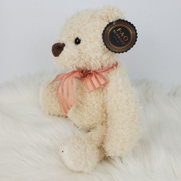 Fao Schwarz Cream Fuzzy Peach Striped Bow Teddy Bear Plush 9.5" NWT - Picture 5 of 14